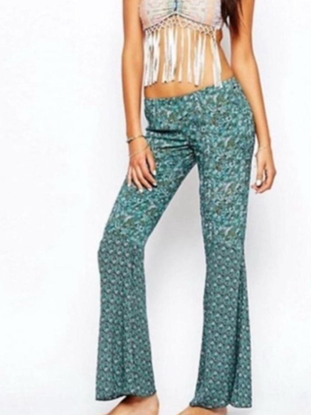 Anna Sui O’Neil Boho Festival Floral Teal Flared pants large